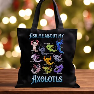 Axolotl Kawaii Style Black Tote Bag for Axolotl Lovers, Gift for Axolotl Lover, Mexican Kawaii Salamander, Axolotl Design Bag for Pet Lovers