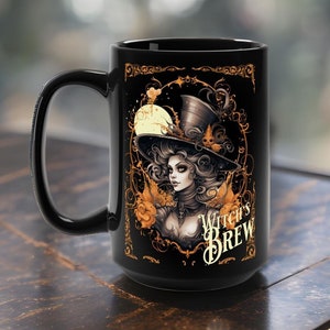 Witches Brew 15oz Black Ceramic Mug, Dark Academia Mug, Witchy Gifts, Halloween Witch Coffee Mug