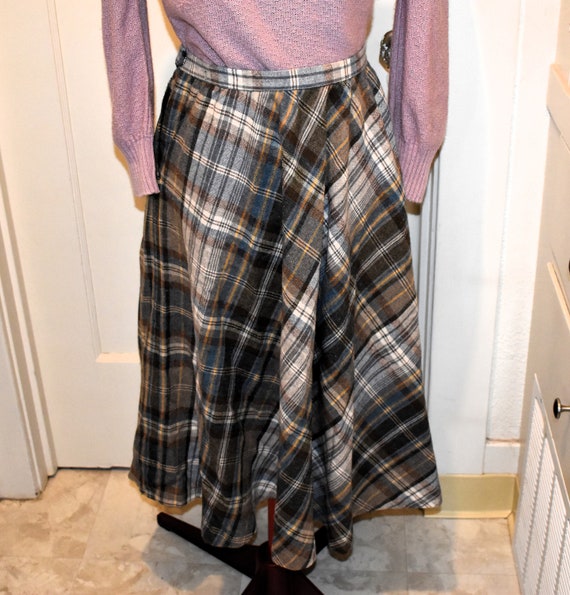 1960s Wool Circle Plaid Skirt Women's M Brown - image 1