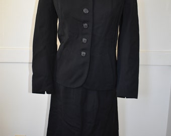Handmacher XS 1940s Women's Suit Black and White Vintage Beautiful 4 Wool Gabardine