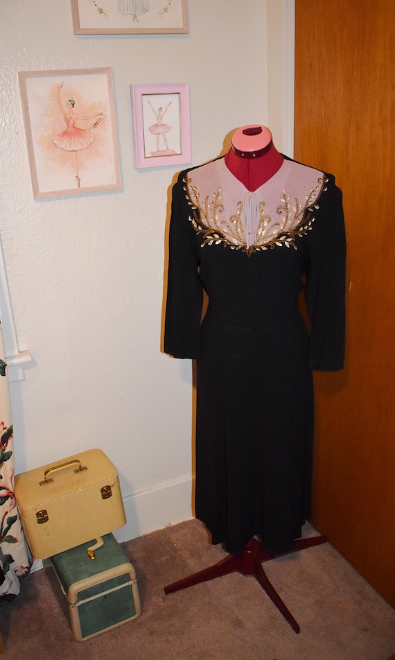 Unique Color Block Beaded 1940s Crepe Dress Forma… - image 1