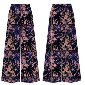 May include: Wide-leg pants with a floral print in shades of pink, blue, and green on a black background.