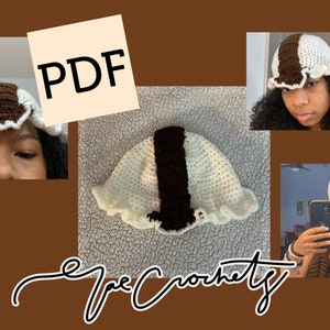 May include: A crochet hat with a white and brown color scheme. The hat has a ruffled edge and a flat top. The hat is shown on a person's head and on a white surface. The text "PDF" is visible on a pink note.