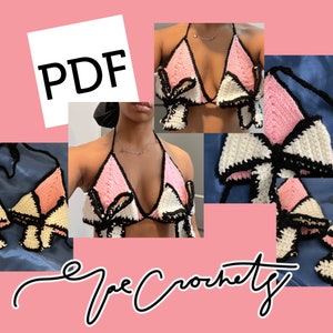 May include: A crochet bikini top with a pink, white and black colour scheme. The top features a bow design on each cup. The image includes the text "PDF" and "Jae Crochet".