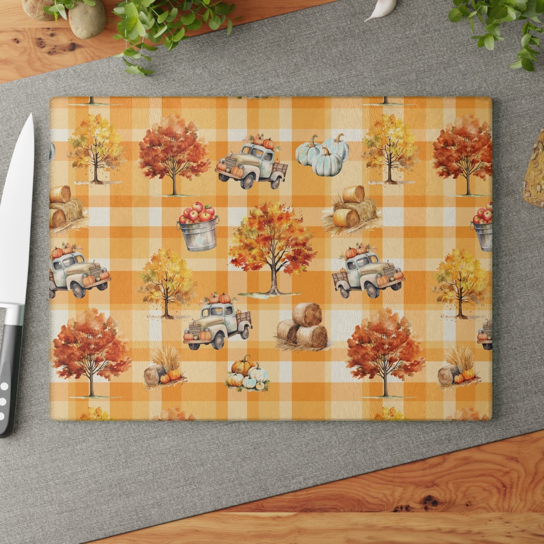 Rustic Fall Plaid Glass Cutting Board Orange Plaid Glass Etsy
