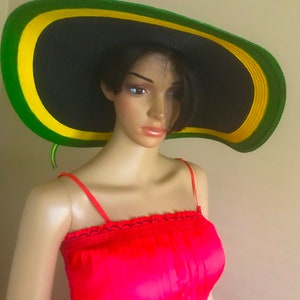 Hand Painted Jamaican Flag Colors Yellow and Green Border Wide Brim Hat