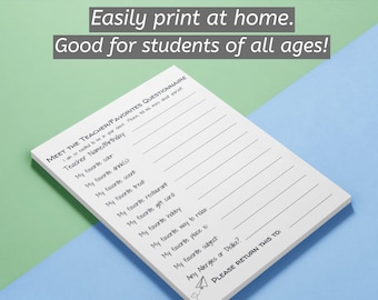 Simple Teacher Favorite Things Questionnaire | Back to School, Meet the Teacher, Get to Know Teacher, Ready to Print at Home, Quick Print