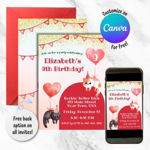 Cat Birthday Party Invitation for Girls, Cat Lover Party Invitation, Kitty Cat Digital Birthday Party Invite, Editable Canva Template Invite