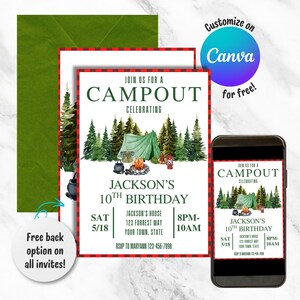 Könnte beinhalten: Eine druckbare Einladung zu einer 10. Geburtstagsfeier mit Camping-Thema. Die Einladung zeigt eine Aquarell-Illustration eines grünen Zeltes, eines Lagerfeuers und Bäumen. Der Text auf der Einladung lautet "Schließen Sie sich uns an für ein Campout zur Feier von Jacksons 10. Geburtstag".