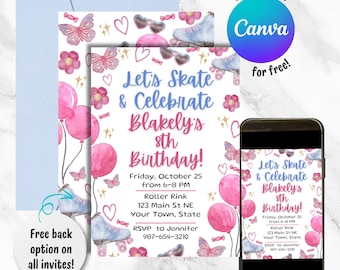 Rollschuh-Geburtstagsfeier-Einladung, Mädchen Skate-Party Them-Einladung, Girly Geburtstagsfeier Digital einladen, bearbeitbare Canva-Vorlage