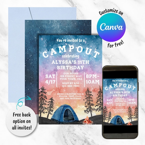 Camping Birthday Invitation, Campout Bday Invitation, Tween Birthday Party Digital Invite, Boys Birthday Invite, Canva Template Girls Invite