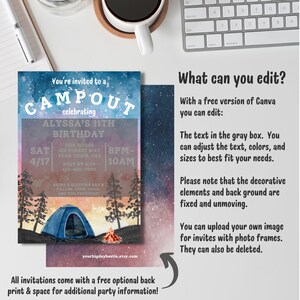 K&ouml;nnte beinhalten: Eine Einladung im Aquarellstil f&uuml;r eine Geburtstagsfeier im Camp. Die Einladung zeigt ein blaues Zelt, ein Lagerfeuer und einen Sternenhimmel. Der Text auf der Einladung lautet "Du bist eingeladen zu einem Campout zur Feier von Alyssas 11. Geburtstag".