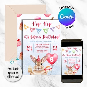 Convite de aniversário de coelho para meninas, convite de coelho em aquarela, convite de festa de aniversário digital para amantes de coelhos, convite de modelo editável do Canva