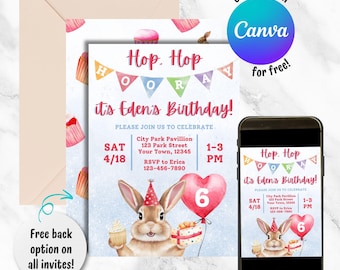 Kaninchen-Geburtstagseinladung für Mädchen, Aquarell-Kaninchen-Einladung, digitale Geburtstagsfeier für Häschenliebhaber, bearbeitbare Canva-Vorlage einladen
