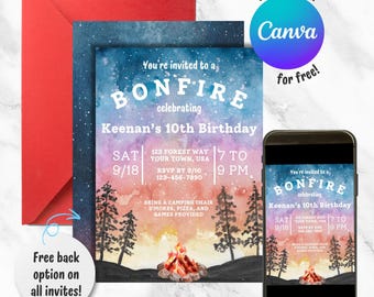 Bonfire Birthday Invitation, Campfire Bday Invitation, Outdoor Digital Birthday Invite, Boys Birthday Invite, Canva Template Girls Invite