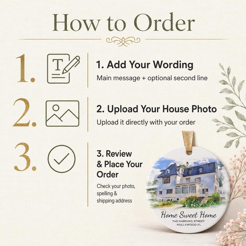 Puede incluir: Un gr&aacute;fico de instrucciones titulado How to Order con tres pasos: 1. Add Your Wording, 2. Upload Your House Photo y 3. Review & Place Your Order. Un adorno redondo blanco muestra una ilustraci&oacute;n de una casa en acuarela con el texto Home Sweet Home.