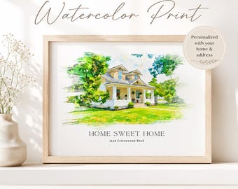 Home Sweet Home Print, Custom House Portrait from Photo, Personalized Watercolor Wall Art, Housewarming Gift