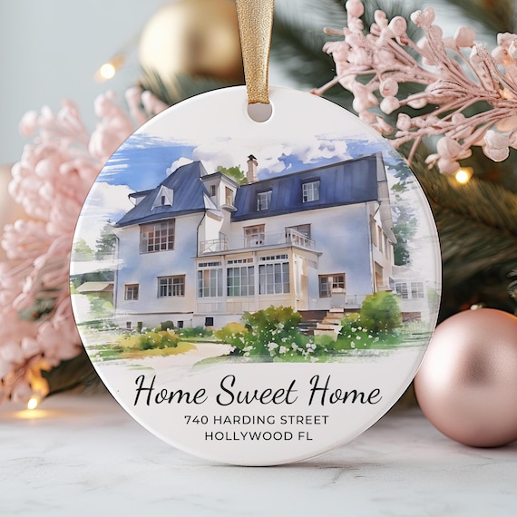 New Home Gift Ornament, Custom Watercolor House Portrait, Personalized First Christmas Home, Housewarming Realtor Gift