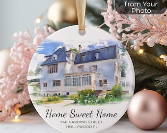Adorno de casa de acuarela personalizado a partir de tu foto, adorno para casa nueva, regalo de Navidad para tu primera casa, hogar dulce hogar, dirección y año.