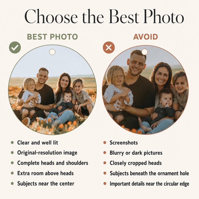 Puede incluir: Un gr&aacute;fico instructivo titulado Choose the Best Photo, que presenta dos ejemplos circulares de fotos familiares. El c&iacute;rculo izquierdo muestra una imagen bien compuesta etiquetada como Best Photo, mientras que el derecho muestra una imagen mal recortada etiquetada como Avoid.