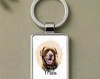 Custom Watercolor Pet Portrait Keychain from Photo, Dog or Cat Memorial Keepsake