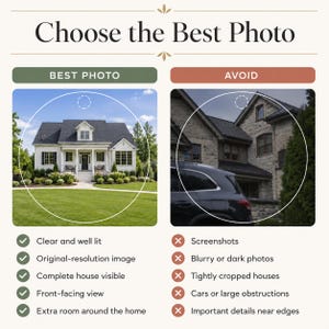 Puede incluir: Una infograf&iacute;a educativa titulada Choose the Best Photo, que presenta dos comparaciones lado a lado de fotograf&iacute;as de casas. El lado izquierdo muestra una casa bien iluminada de frente con c&eacute;sped, mientras que el derecho muestra una casa oscura.