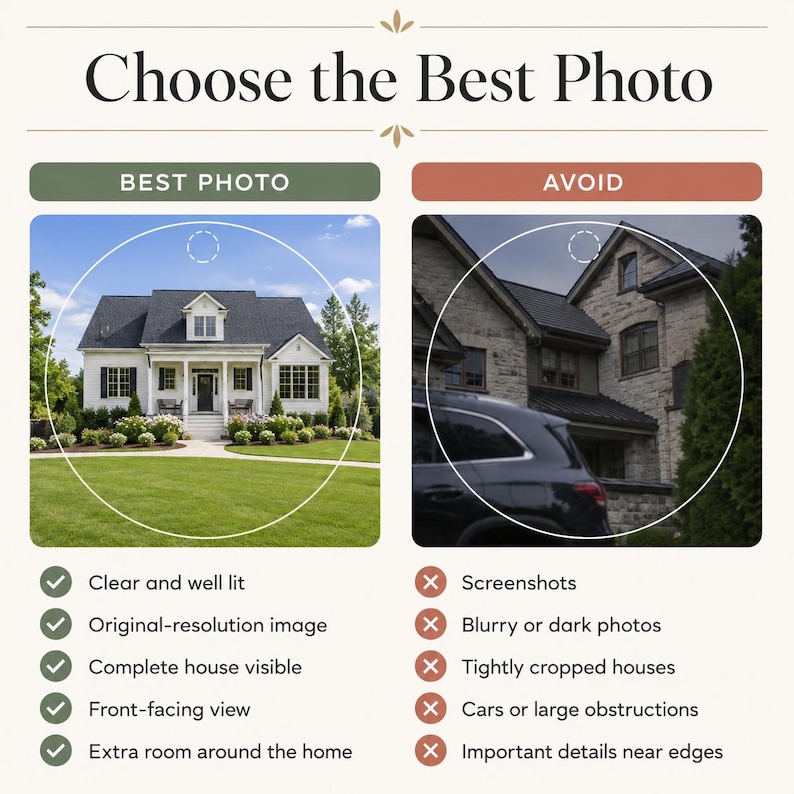 Puede incluir: Una infograf&iacute;a educativa titulada Choose the Best Photo, que presenta dos comparaciones lado a lado de fotograf&iacute;as de casas. El lado izquierdo muestra una casa bien iluminada de frente con c&eacute;sped, mientras que el derecho muestra una casa oscura.