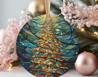 以下が含まれることがあります： 緑、黄色、オレンジ、青の色合いでクリスマスツリーを描いたステンドグラスデザインの丸いクリスマスオーナメント。吊り下げ用の金色のリボンが付いています。お祝いのホリデーデコレーション。