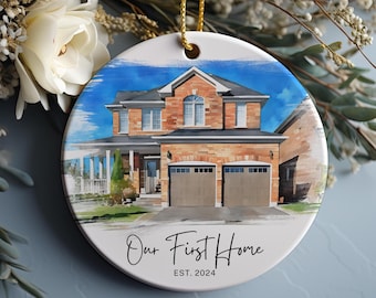 New Home Ornament, Watercolor House Christmas Ornament, Personalized Photo Christmas Ornament Gift, Housewarming Gift, Our First Home