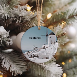 Santorini-souvenir, kerstornament, Santorini-reiscadeau, gepersonaliseerd vakantiedecor, Santorini-ornament, unieke kerstaandenken