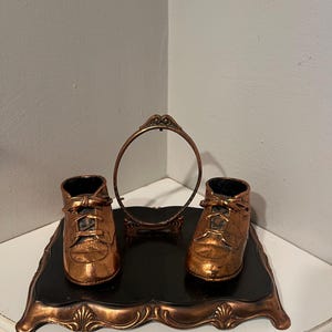 Vintage 1950 Bronzed Baby Shoe Picture Frame with Base