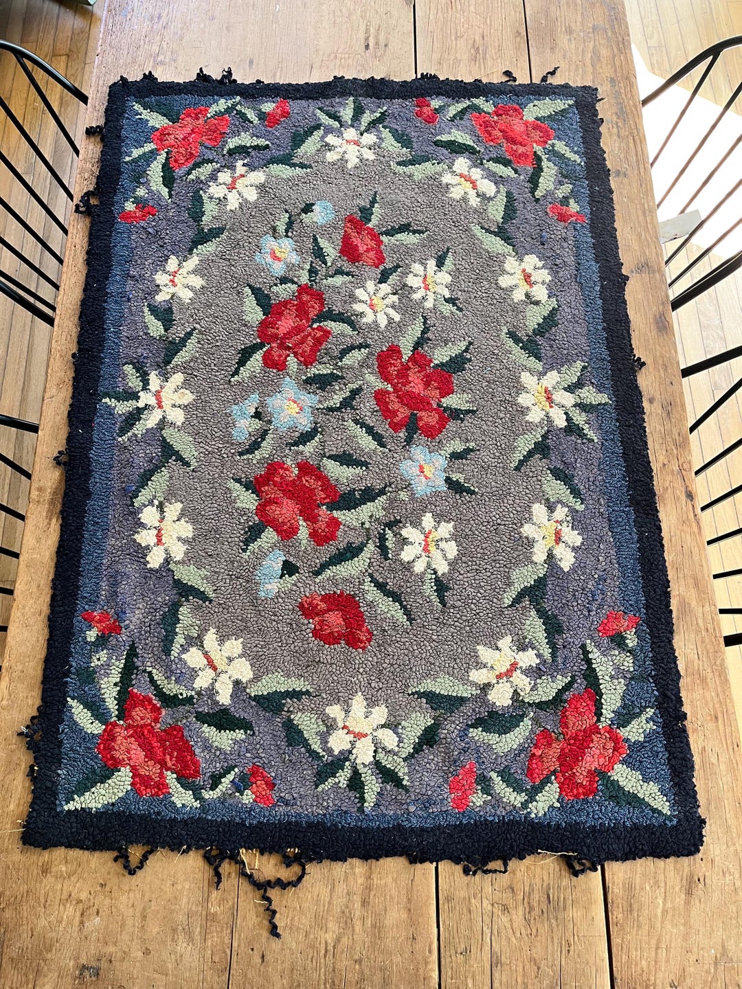 Vintage 1930 Floral Hooked Rug - Etsy