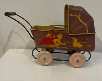 Vintage Brown Baby Buggy with Kitties and Puppies