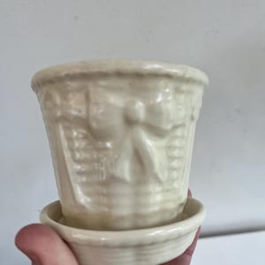 May include: A small, off-white ceramic planter with a matching saucer. The planter features a basket weave design with a bow detail. Ideal for small plants or succulents.