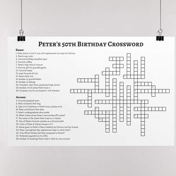 Custom Crossword Puzzle Large Format for 50th Birthday Party Idea, Party cross word, Word Game Lover, group activity, 60th bday activity