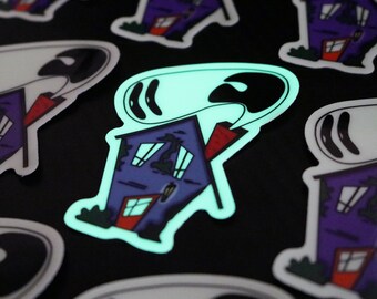 Haunted House - Art Vinyl Sticker or 1.5" Pin, Ghost, Cute Halloween, Purple, Glow in the Dark, Laptop Decal, Waterproof, by Full Dark Art