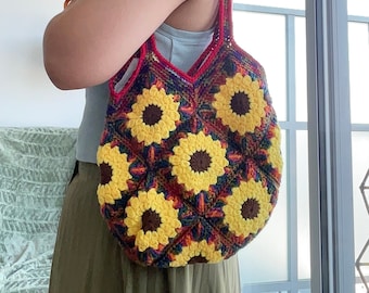 Handmade Sunflower Granny Square Tote Bag. Crochet shoulder bag. Gifts for her.