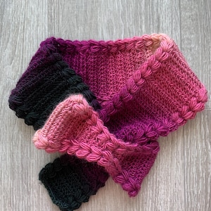 Bow tie pull-through soft scarf. Neck warmer. Crocheted scarflette. Multi colors