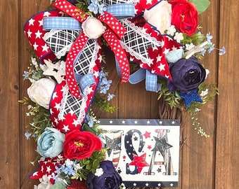 Patriotic Americana USA wreath, Americana style home accent, USA patriotic porch decor, Memorial Day and Fourth of July USA wall hanging art