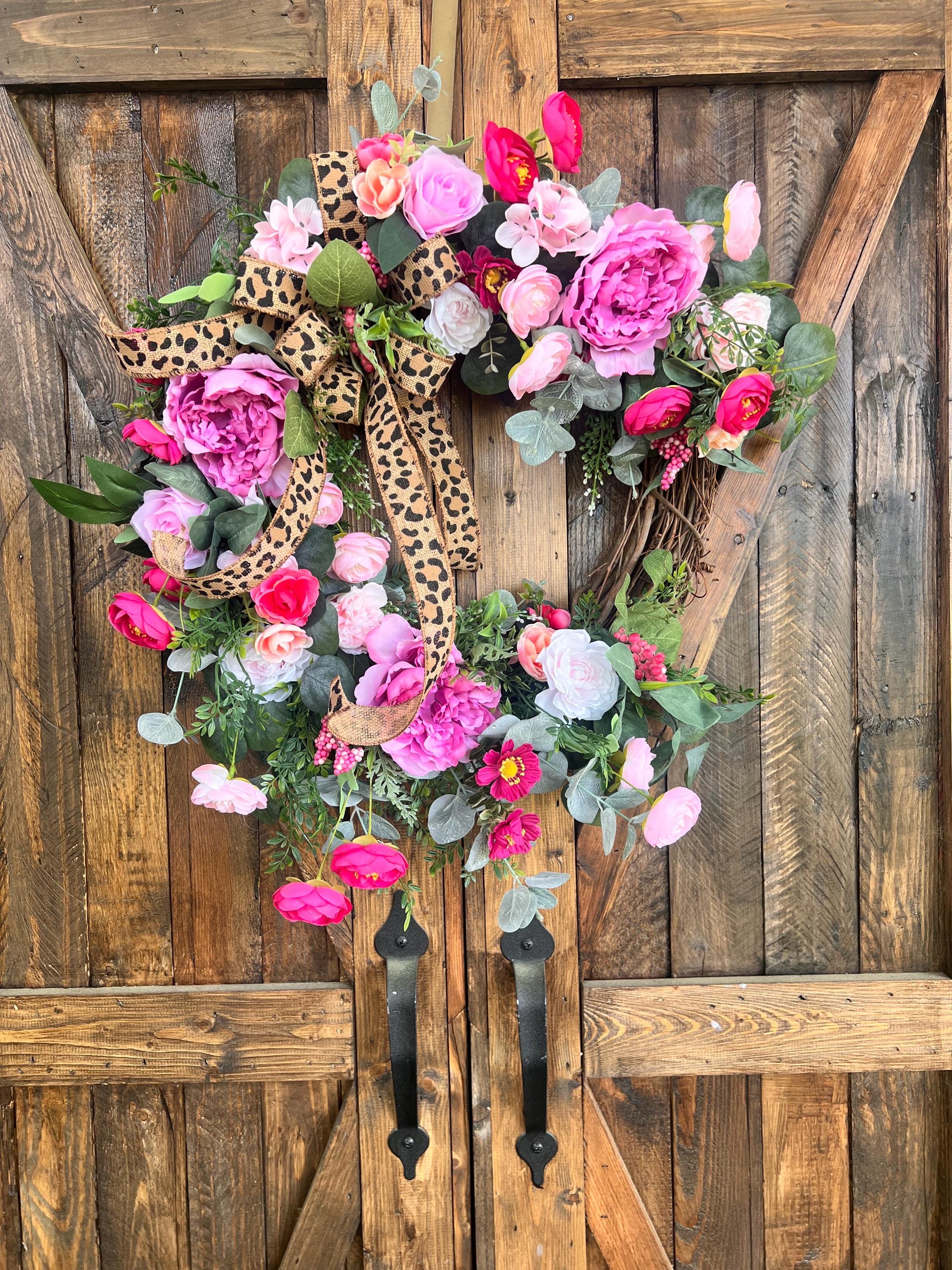 Leopard Floral Wreath, Pink Peonies, Farmhouse Chic Wall Decor - Etsy