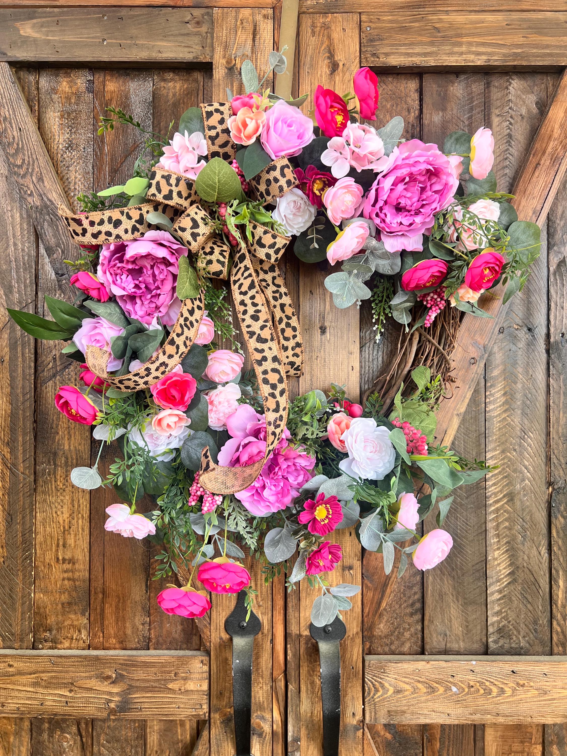 Leopard Floral Wreath, Pink Peonies, Farmhouse Chic Wall Decor - Etsy