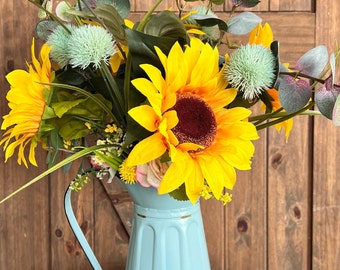 Zonnebloem water pitch bloemstuk, boerderij zonnebloem tafeldecoratie, alledaags bloementafelaccent het hele seizoen, blauwgroen tafeldecor