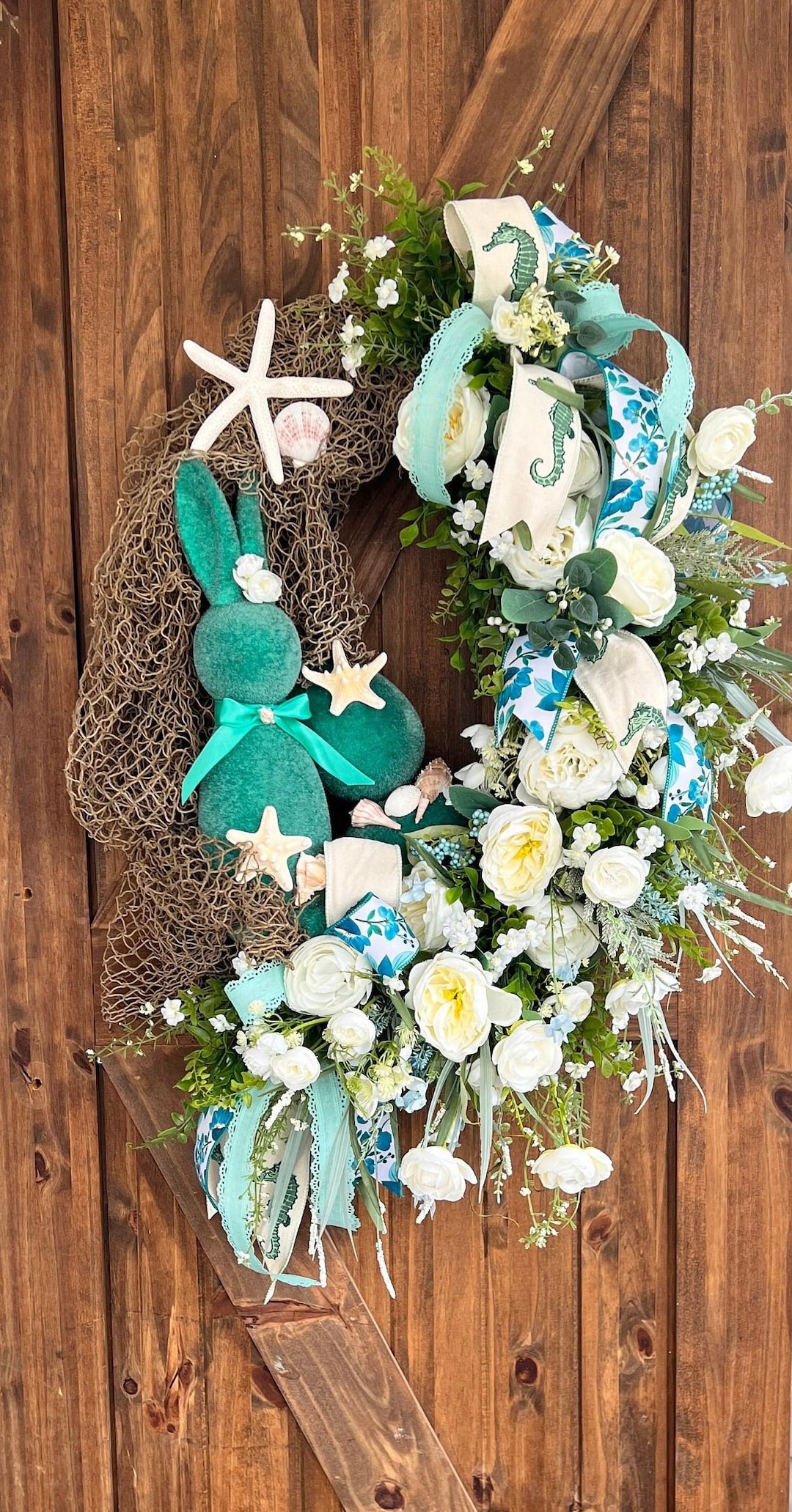 Spring Easter Bunny Coastal Wreath, Turquoise Easter Egg Wall Decor