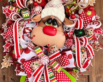 Christmas Reindeer Jingle Bells Wreath, Winter Holiday Home Decor