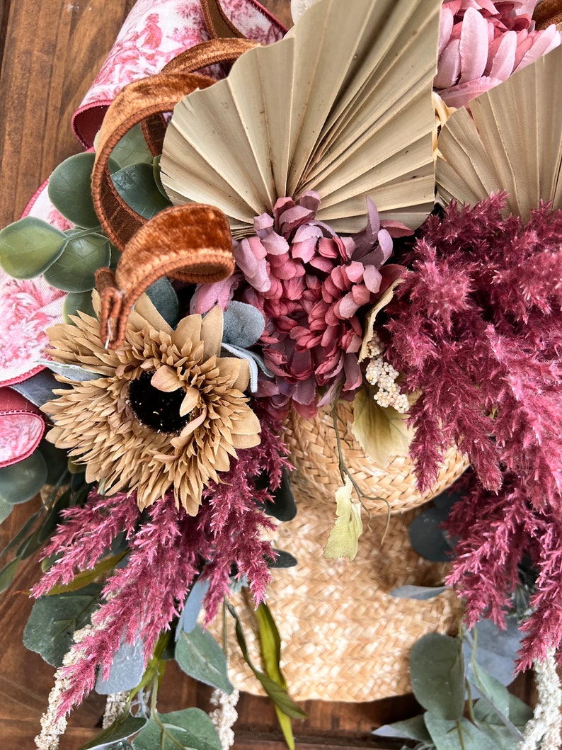 Spring Summer Country Garden Hat Wreath, Farmhouse Straw Hat Wall Art