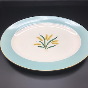 Vintage Serving Platter - Aqua and White with Wheat Design