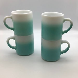 4 Vintage Teal and White Hazel Atlas Mugs