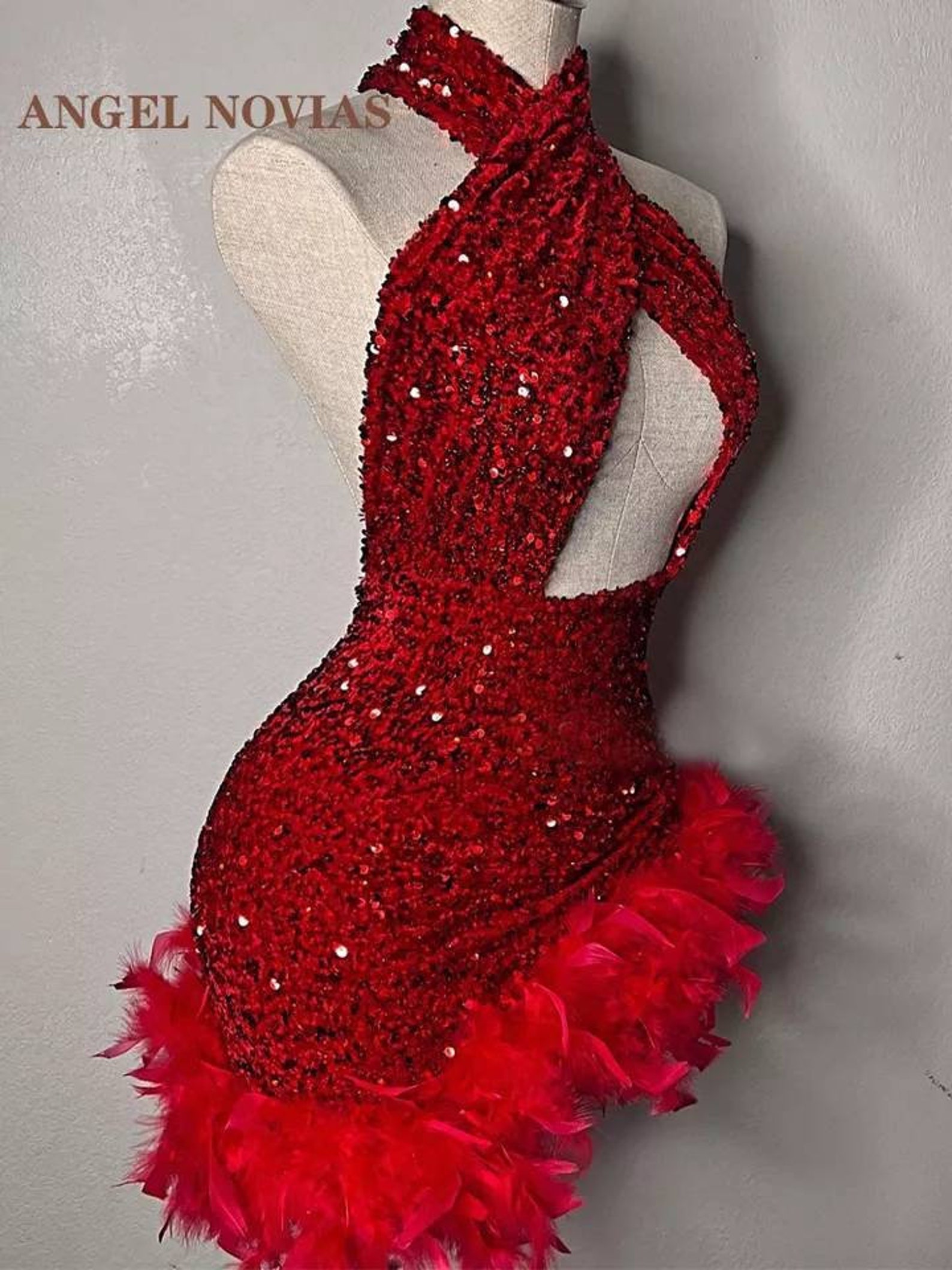Red Mini Sequins Dress Feathers Design Bandage Dress - Etsy