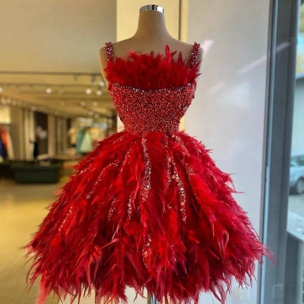 Short Red Dress With Feathers