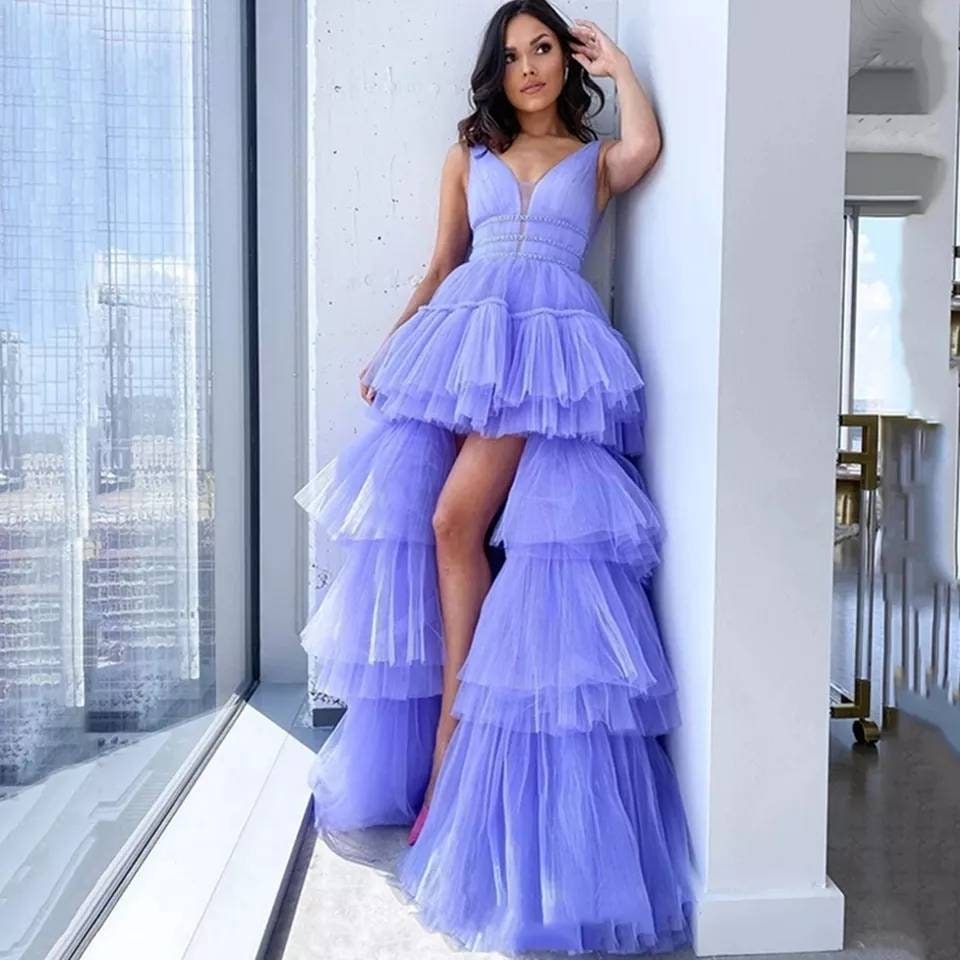 Damenkleid Lang Mit Schlitz - Elegantes Cocktailkleid Sommer 2023 (vorne Kurz, Hinten Lang)